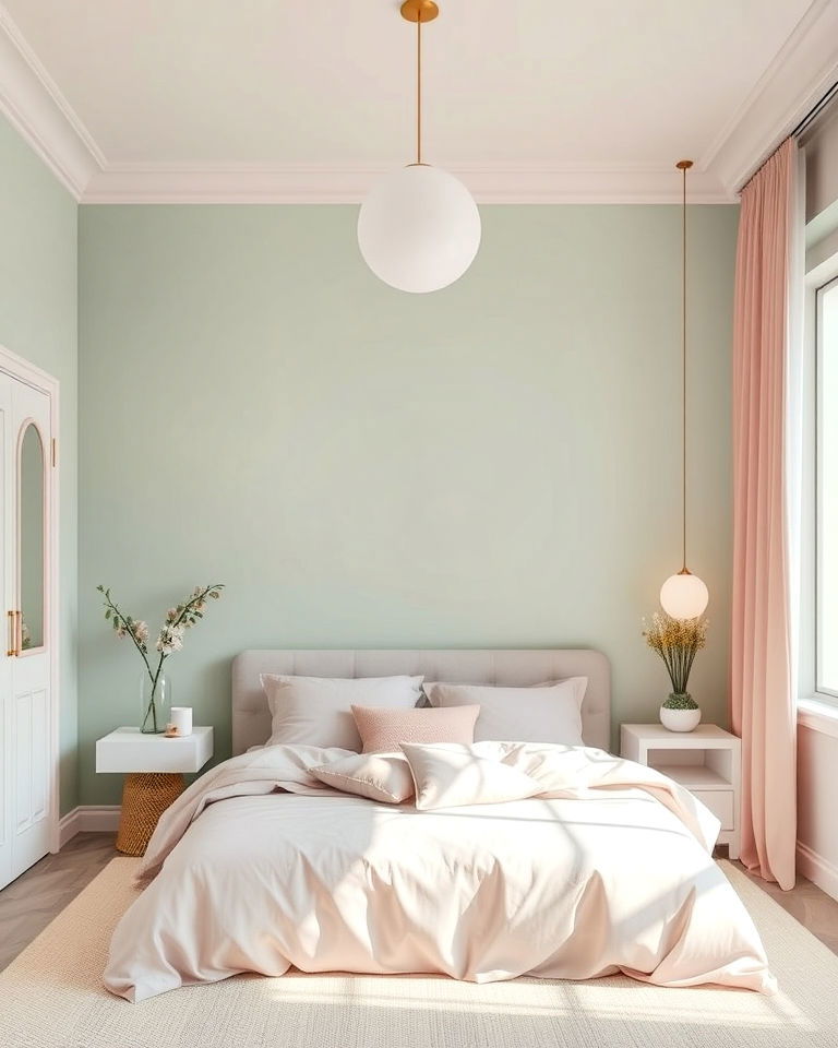 calming bedroom with a soft pastel palette