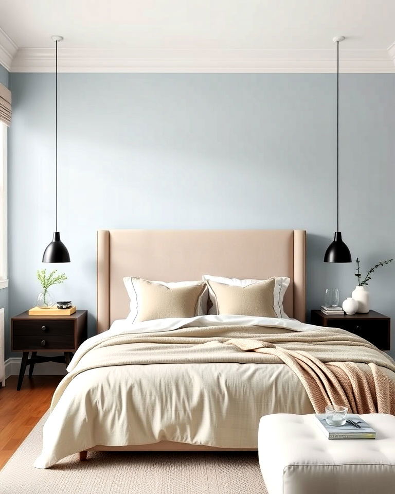 calming pale blue walls with a beige headboard