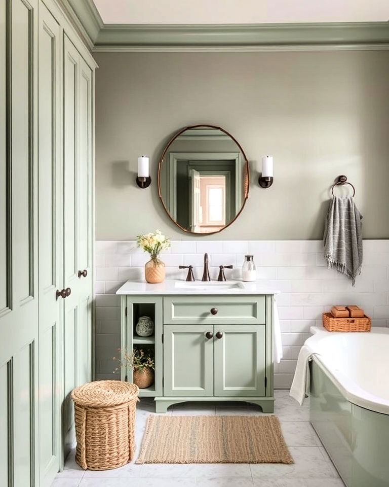 calming soft sage green bathroom cabinets