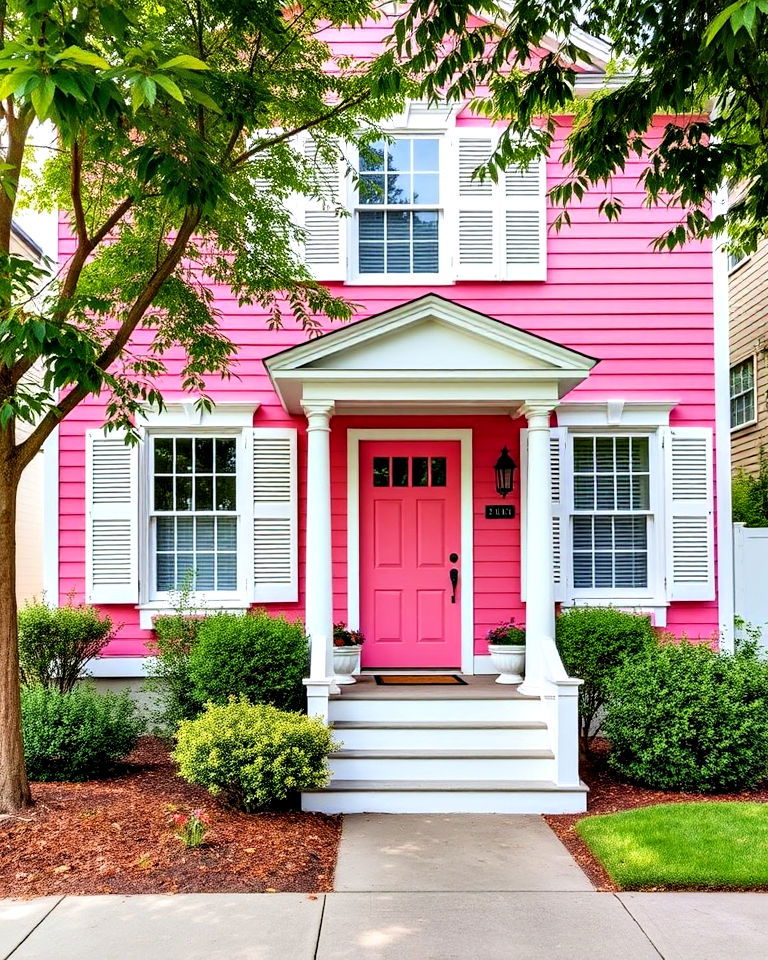 candy pink with white shutters house exterior