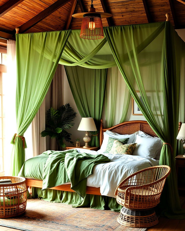 canopy bed with green drapes