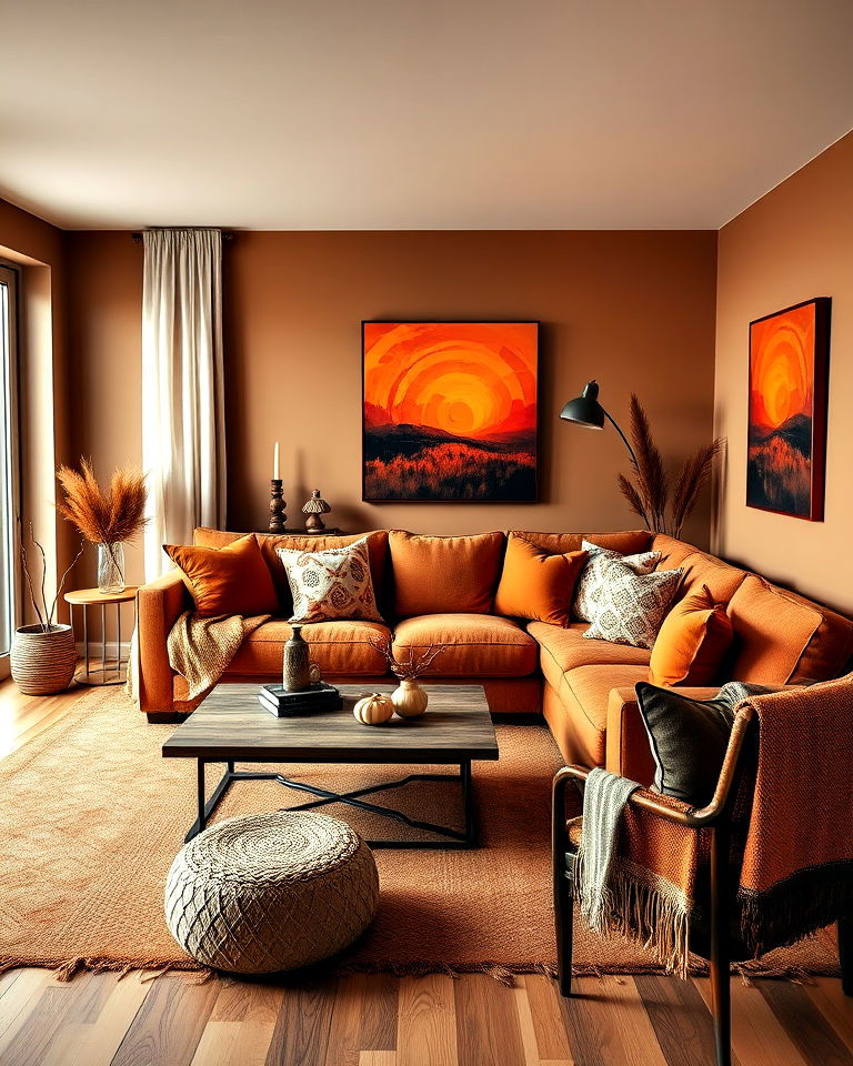 caramel brown living room with burnt orange