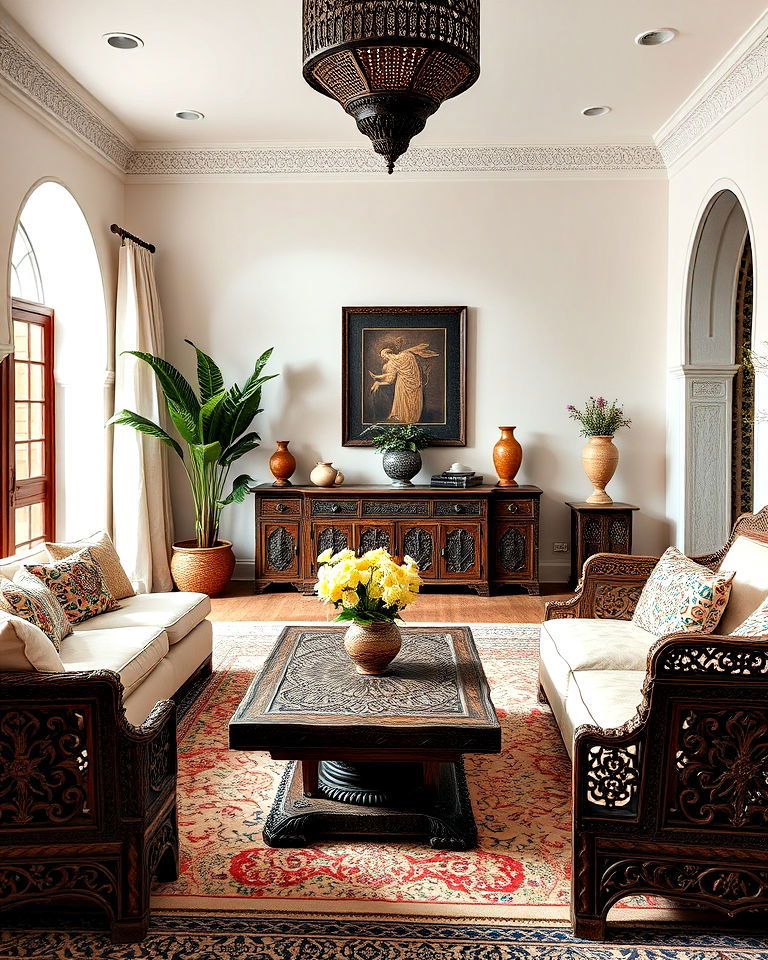 carved wooden furniture in moroccan living room