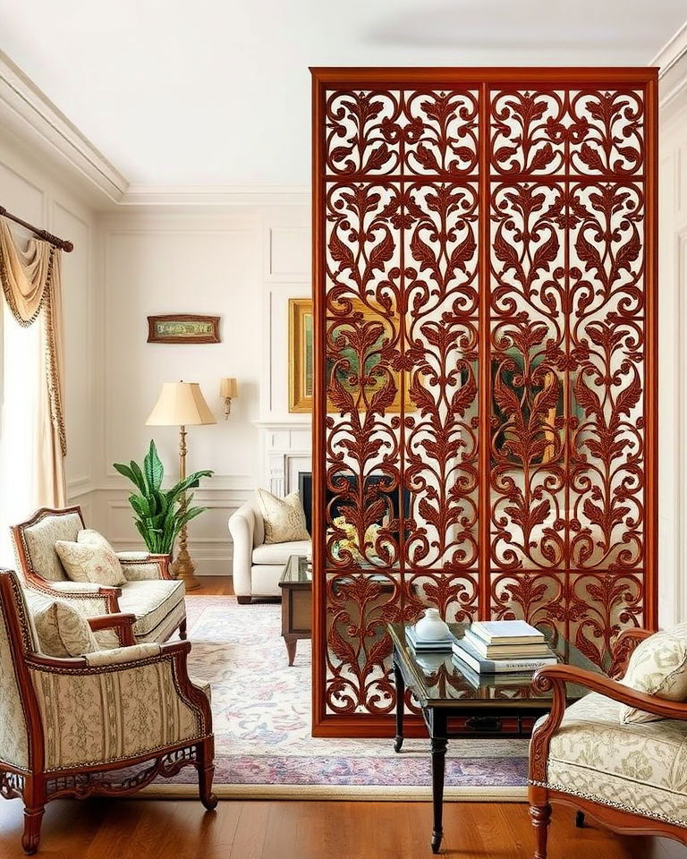 carved wooden room divider living room