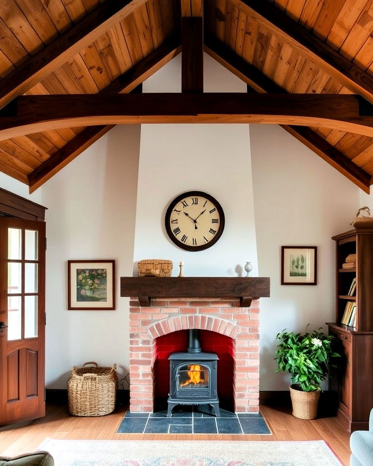 cast iron fireplace in a vaulted ceiling cottage