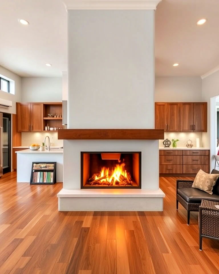 central fireplace as a natural divider for kitchen and living area