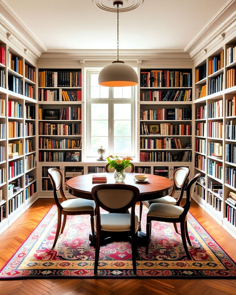 central table surrounded by library shelves