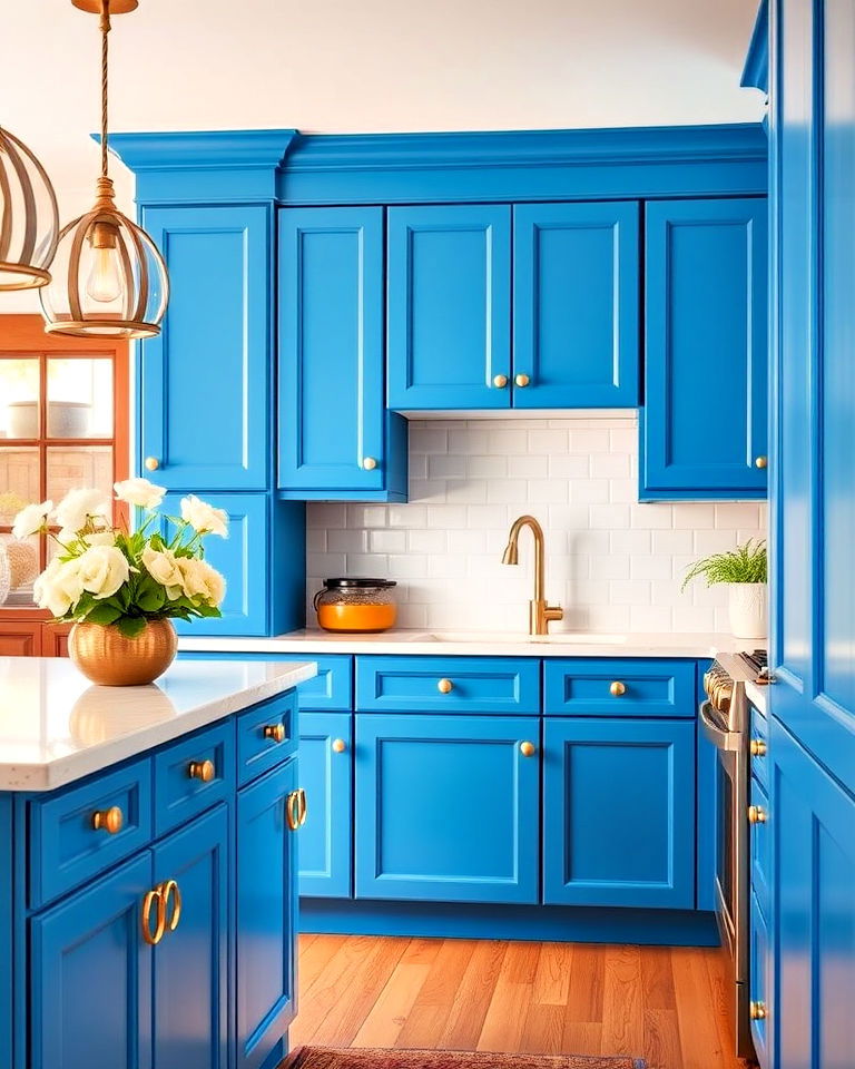 cerulean blue cabinets kitchen with gold ring knobs