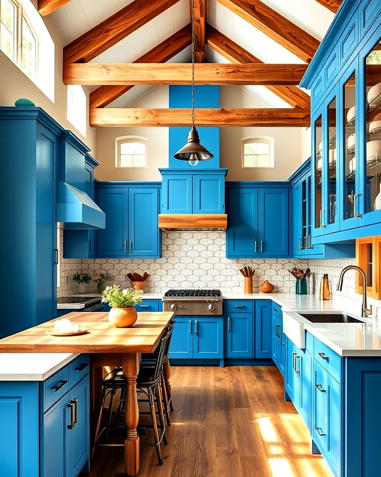 cerulean blue cabinets with wooden beams