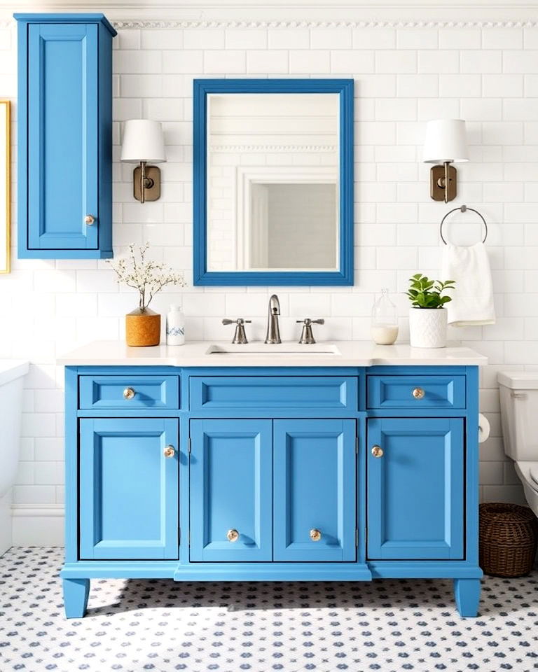 cerulean blue vanity with white subway tiles