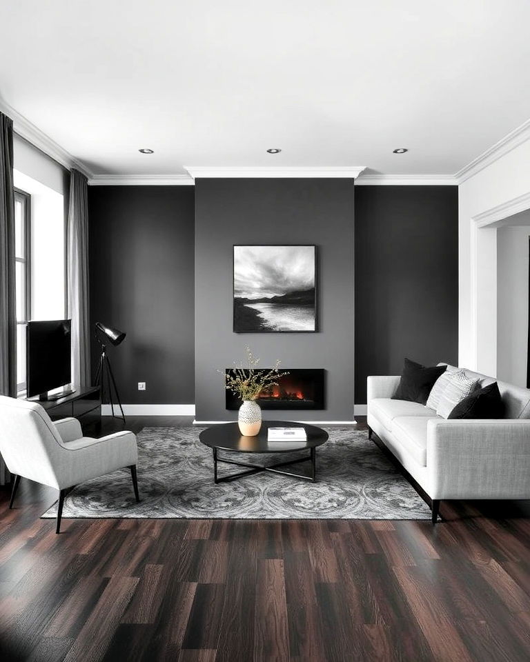 charcoal and ash grey living room with dark wood floor