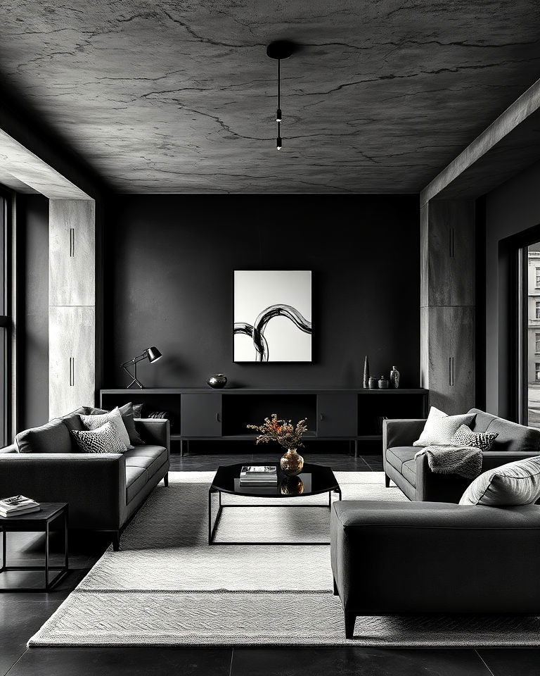 charcoal and steel contrast living room