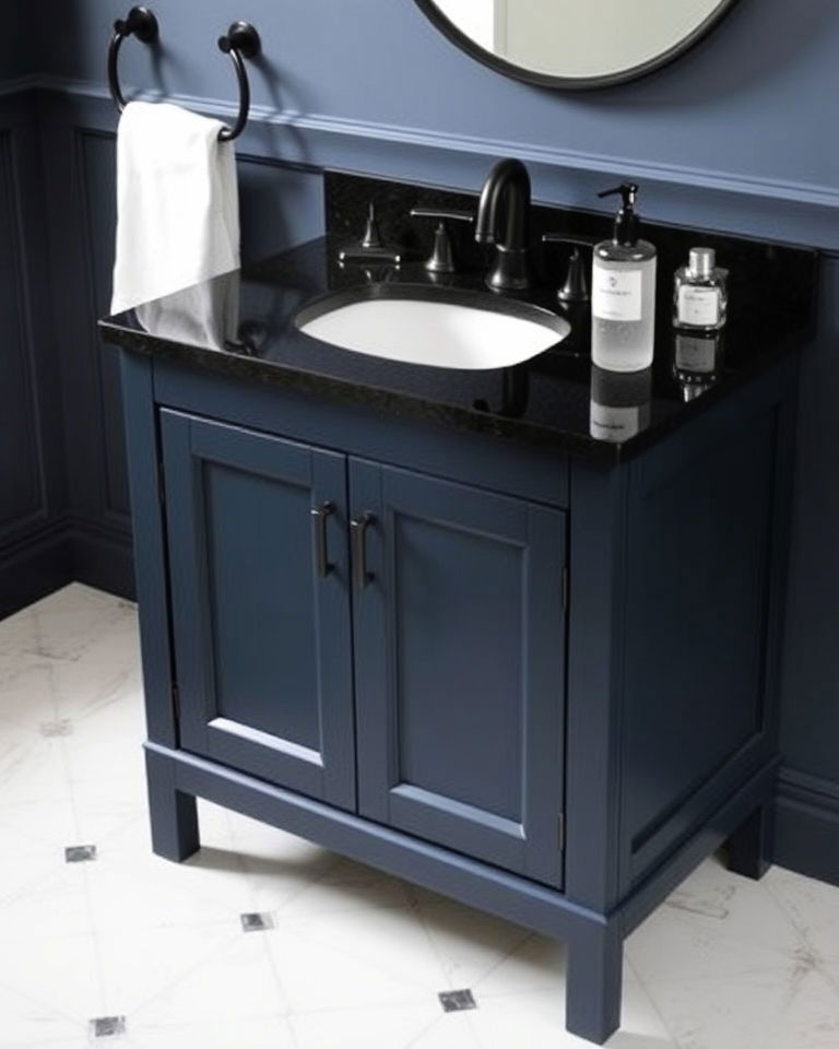 charcoal blue vanity with black granite countertop