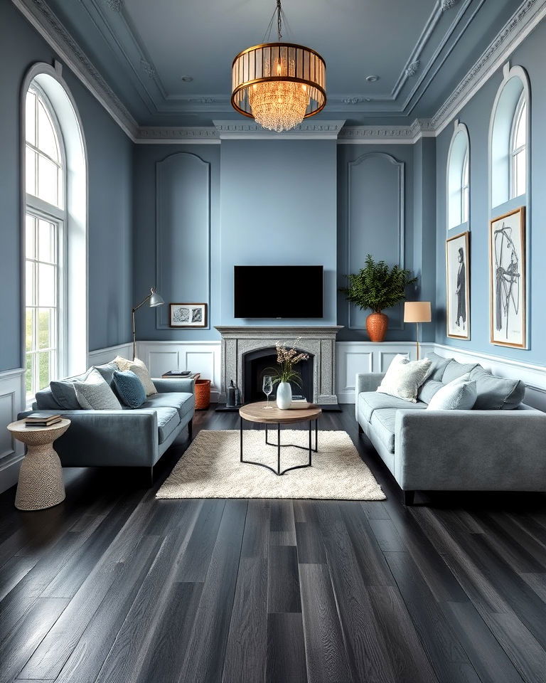 charcoal grey floor with light blue living room walls