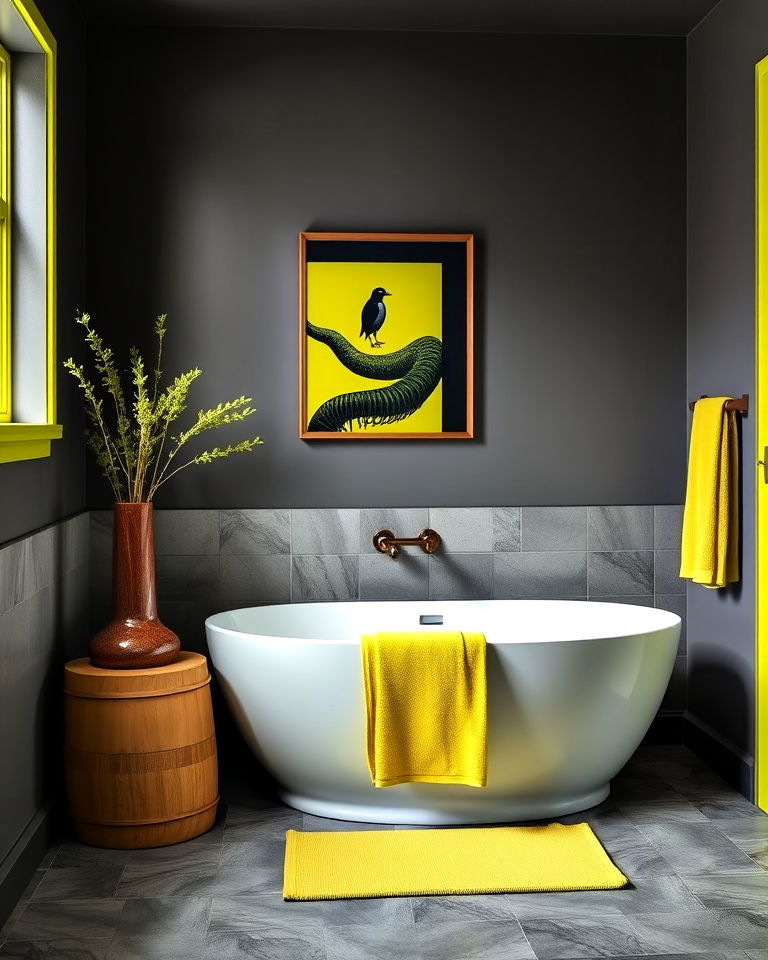 chartreuse accents with slate grey for bathroom