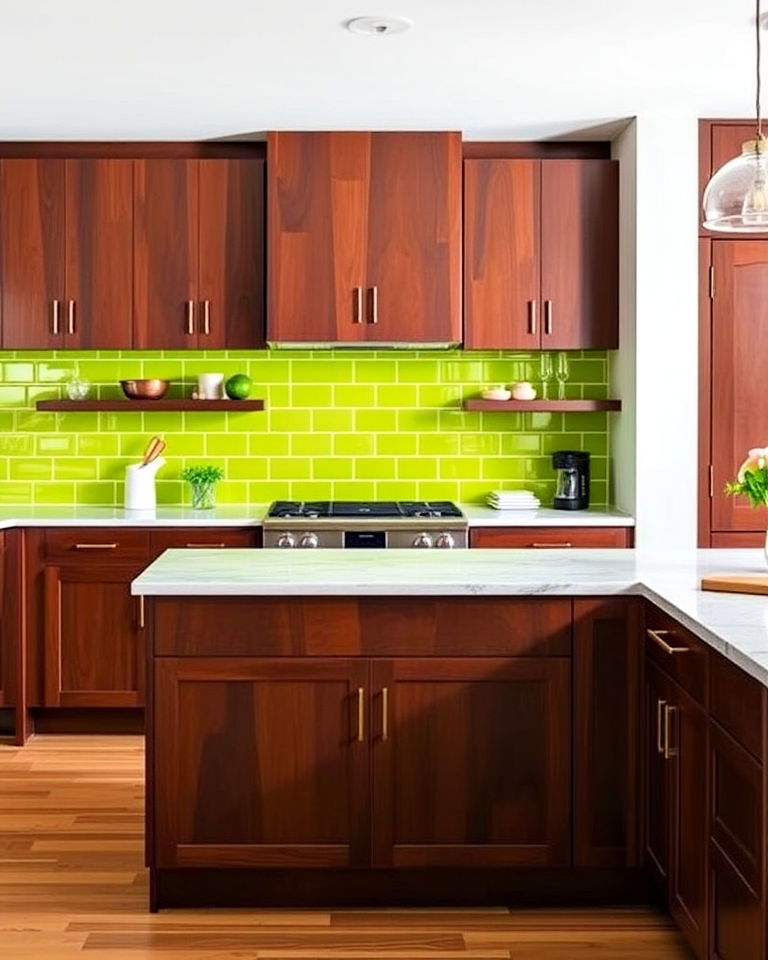 chartreuse backsplash kitchen with mahogany cabinets