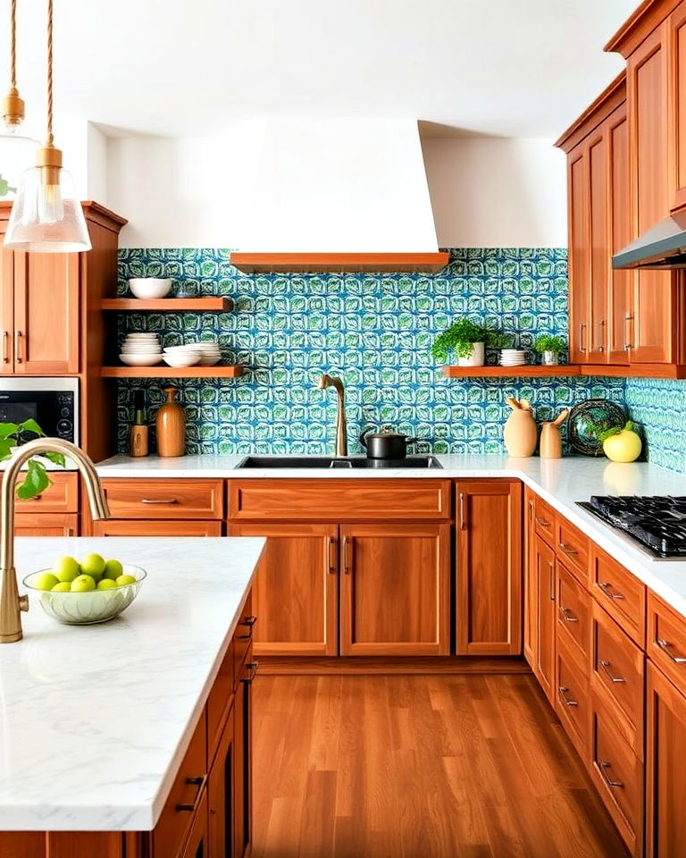 cherry cabinets with bold backsplash tiles design