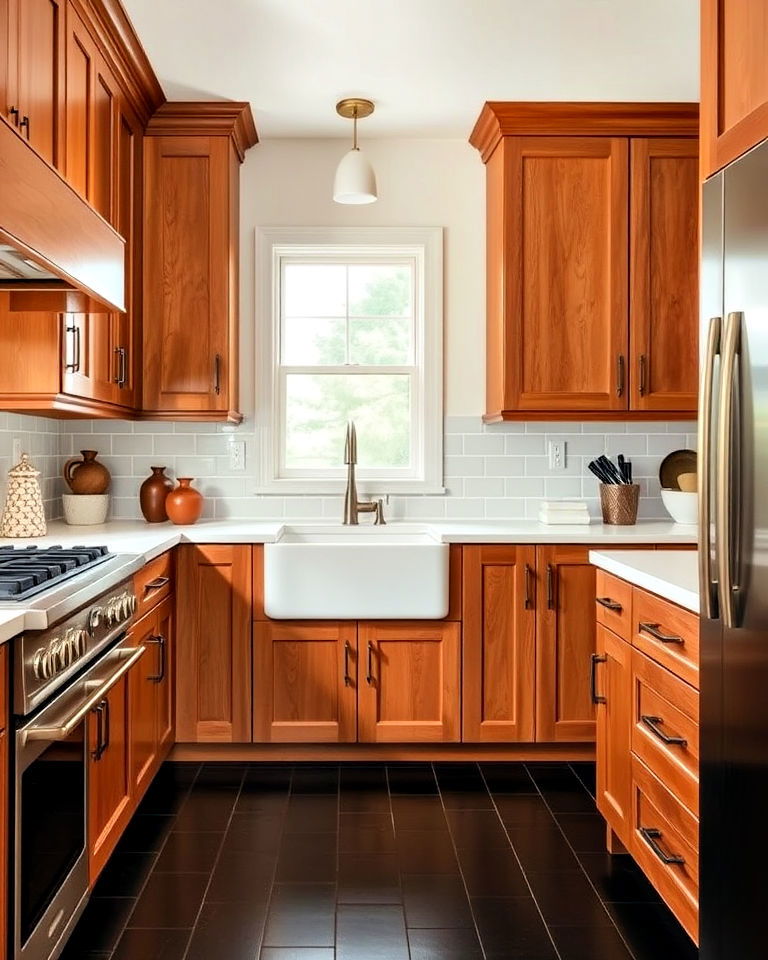 cherry kitchen cabinets with vintage hardware