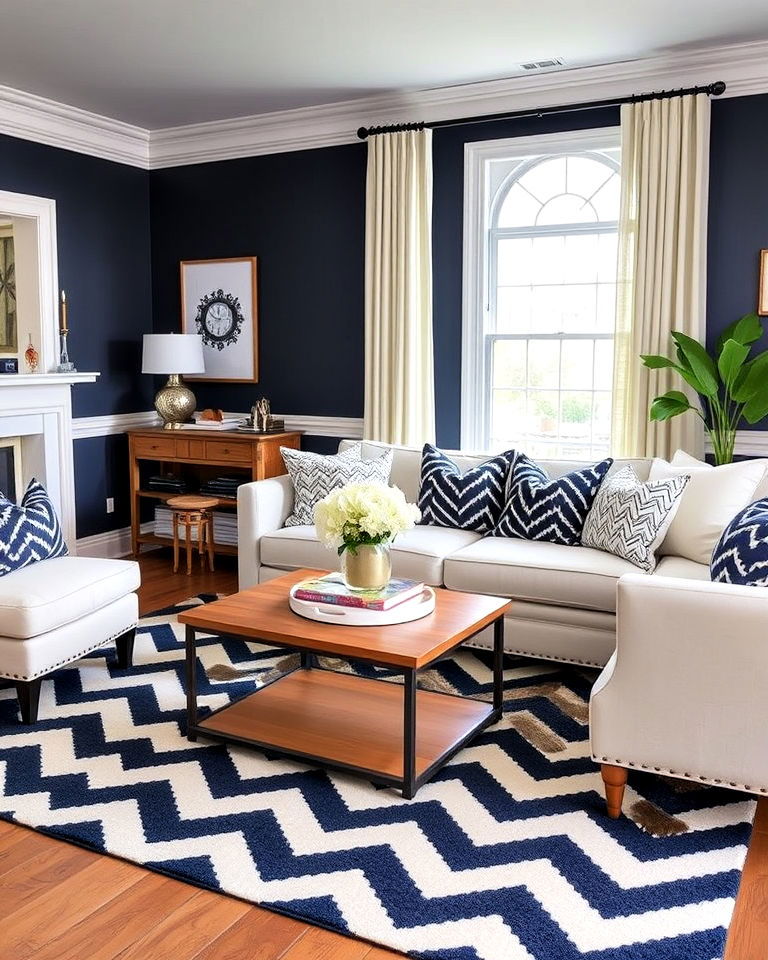 chevron patterned rug and pillows for a living room