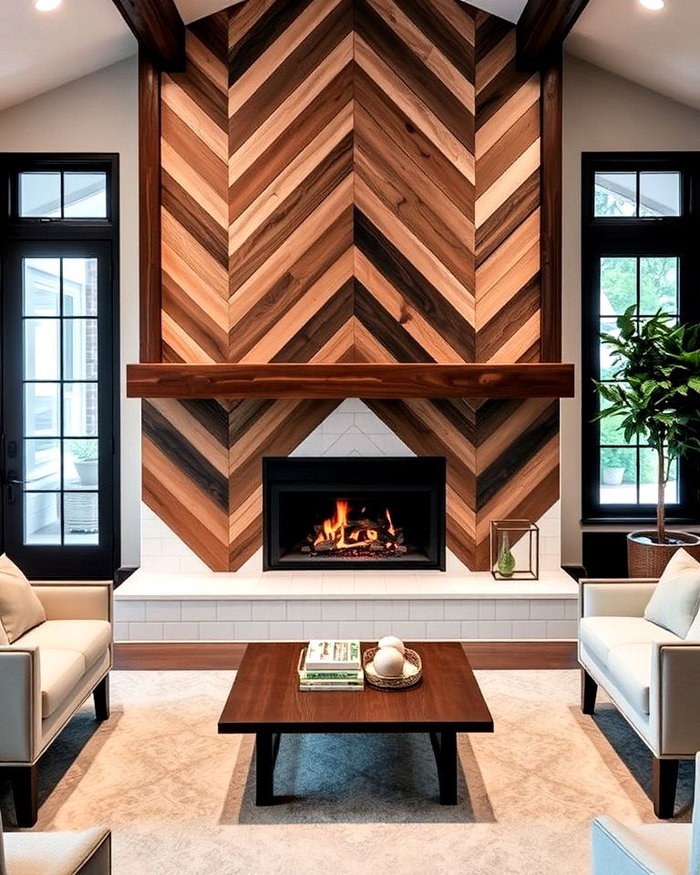 chevron patterned wall for fireplace