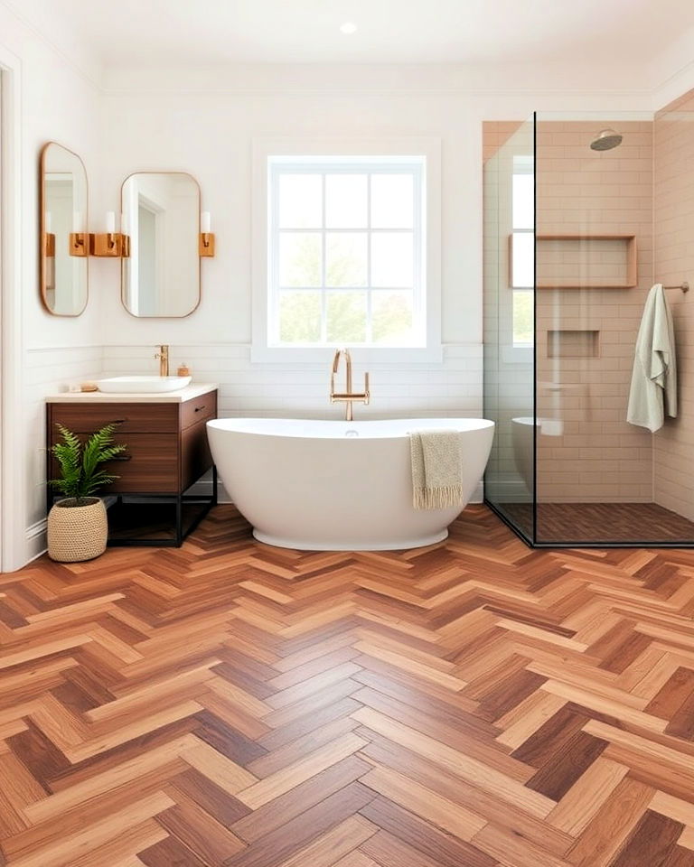 chevron wood flooring bathroom