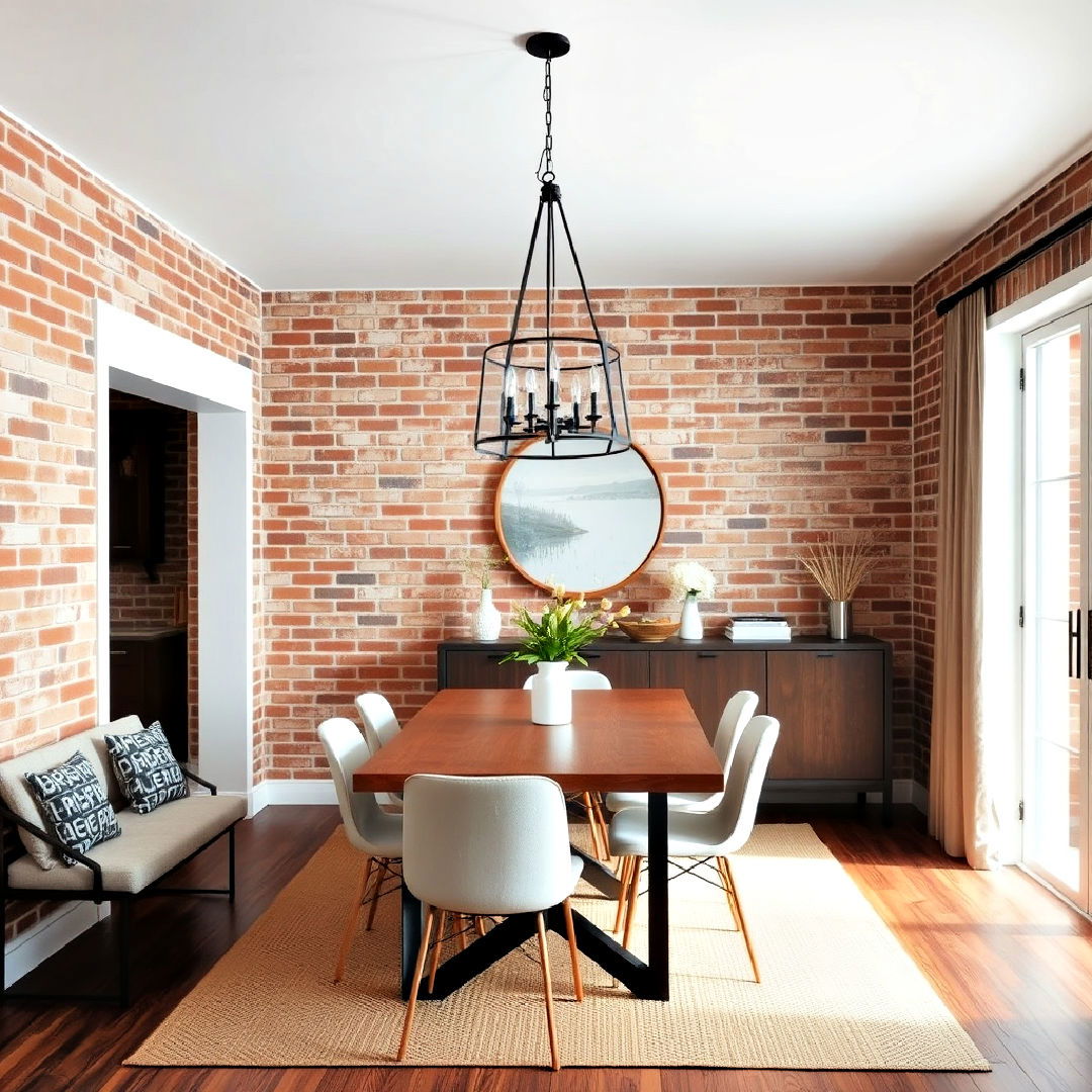 chic dining room brick paneling