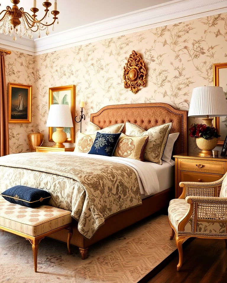 chinoiserie bedroom decor with luxurious gold accents