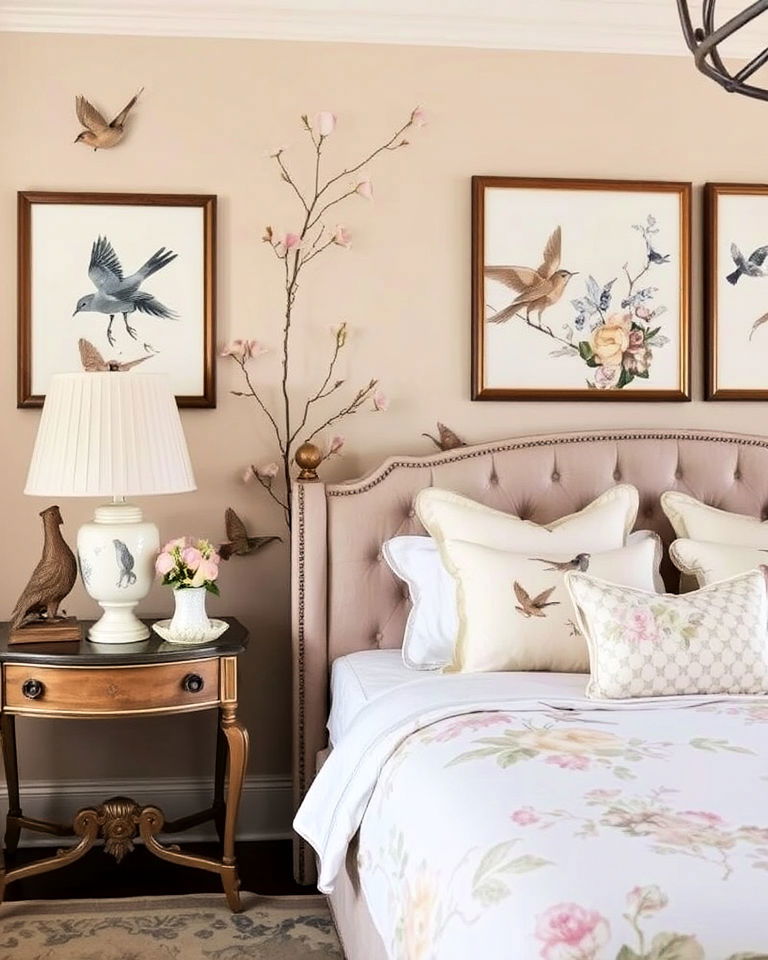 chinoiserie bedroom with beautiful bird motif art