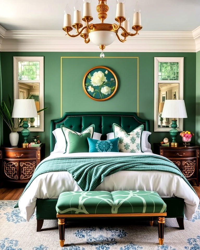 chinoiserie bedroom with jade green accents