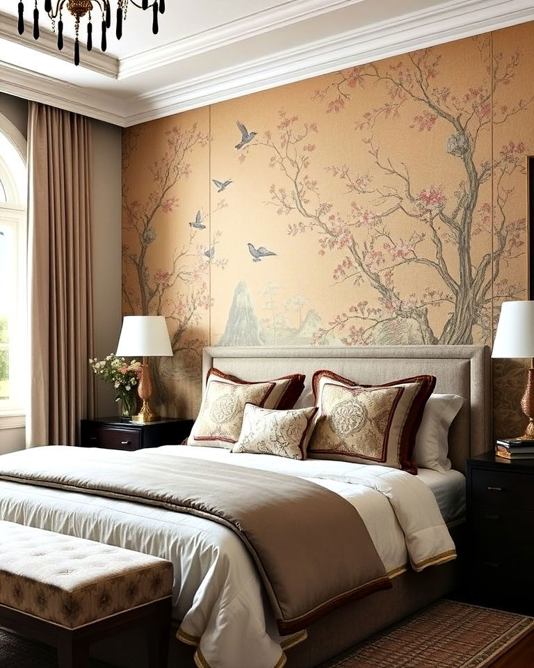 chinoiserie wallpaper bedroom accent wall