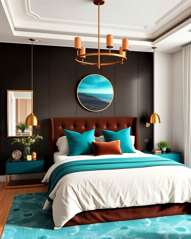 chocolate brown bedframe with teal green accents