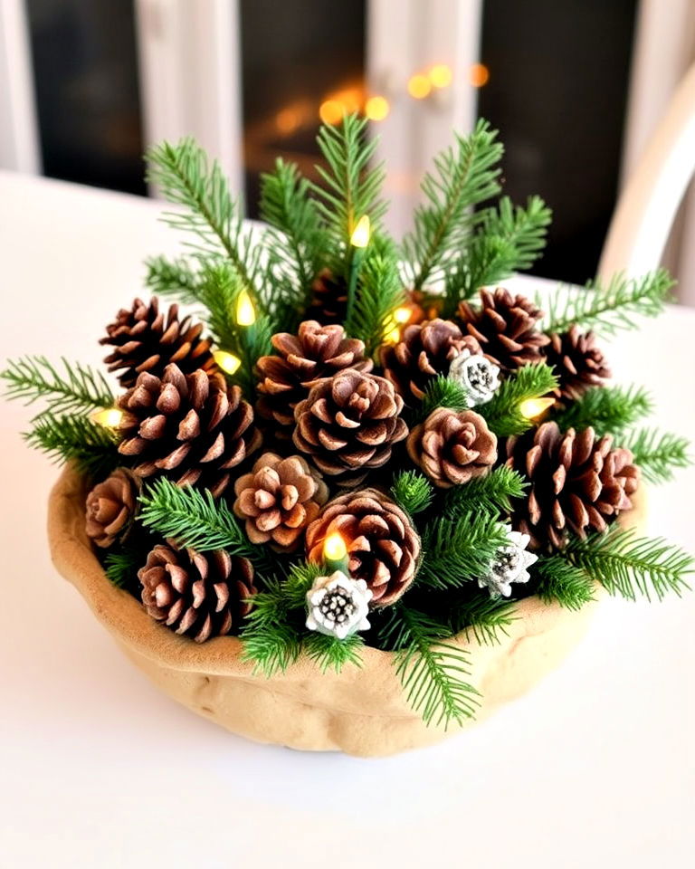 christmas pinecone and evergreen arrangement