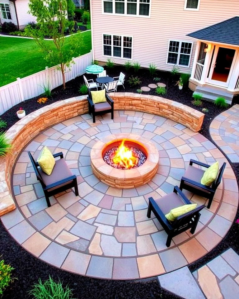 circular flagstone patio with built in fire pit