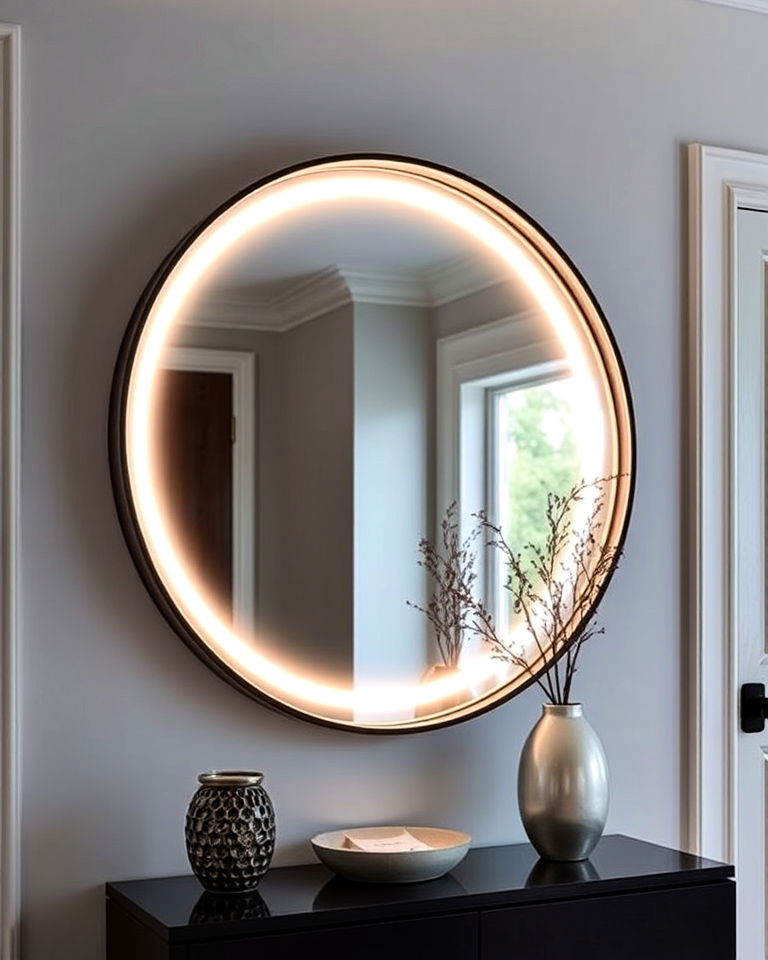 circular mirror with backlighting for modern drama