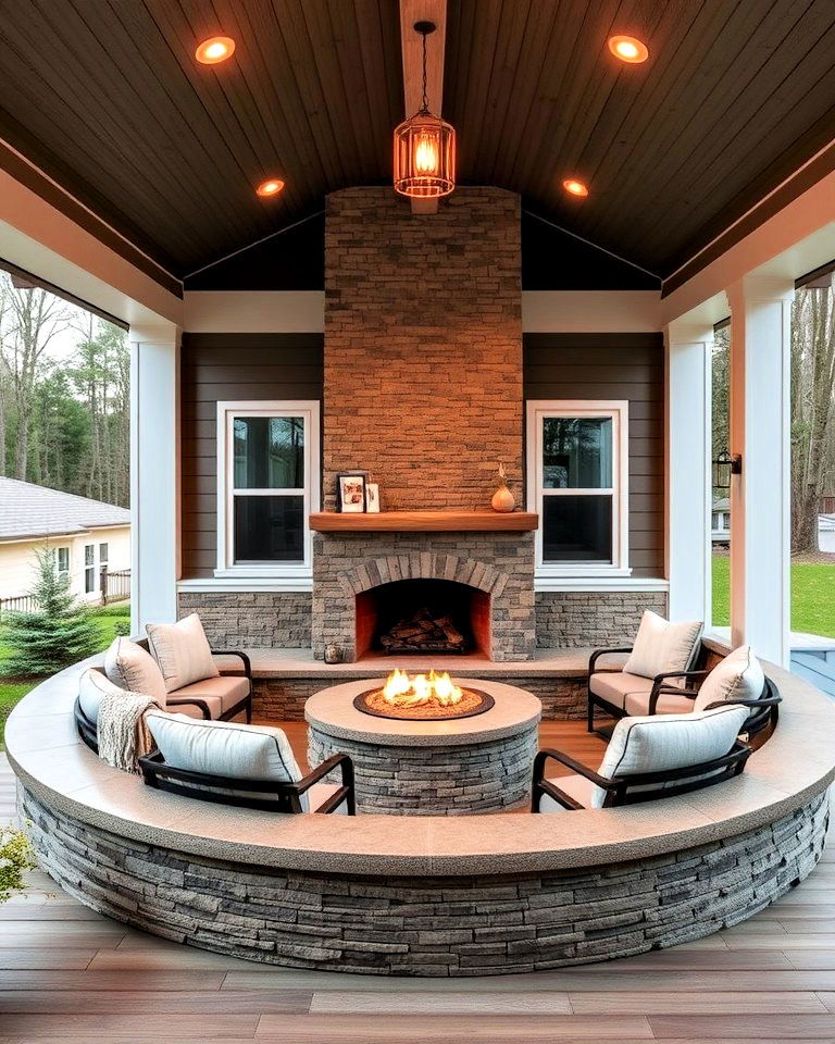 circular porch fireplace with surrounding seating