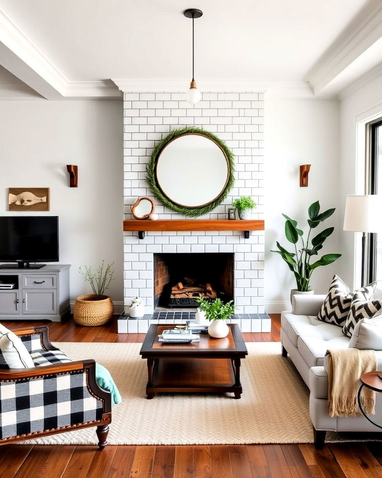 classic beveled edge subway tile fireplace