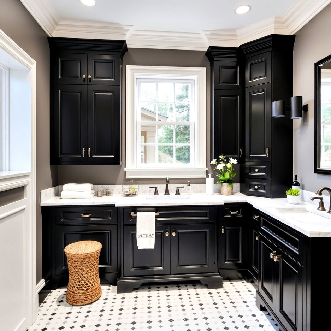 classic black cabinets with white trim idea