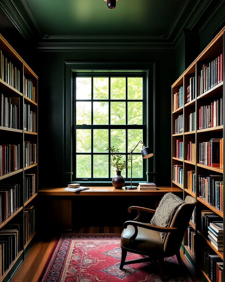 classic dark green walls with wooden shelving