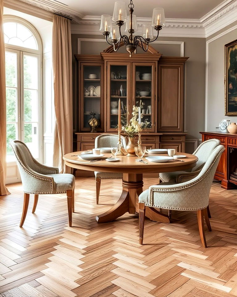 classic herringbone floor parisian dining room