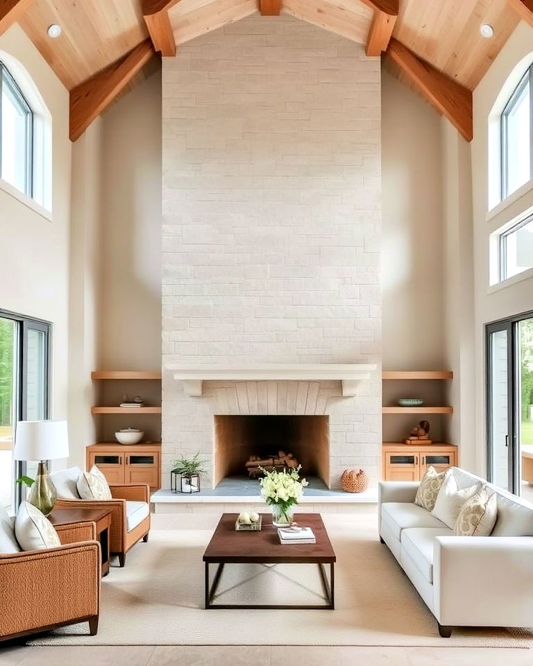 classic light limestone floor to ceiling fireplace