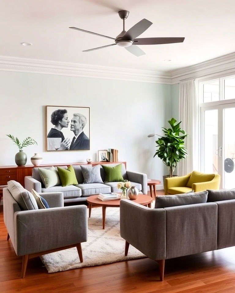 classic mid century modern green and grey living room