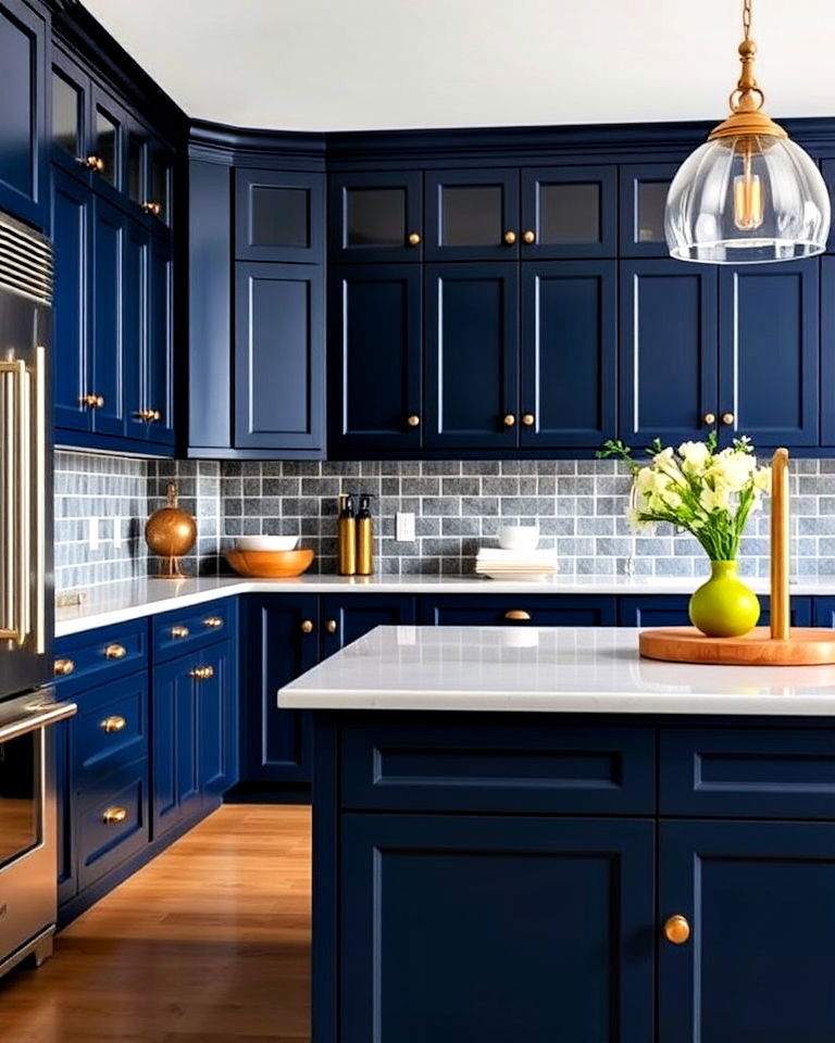 classic navy blue cabinets with brushed gold knobs