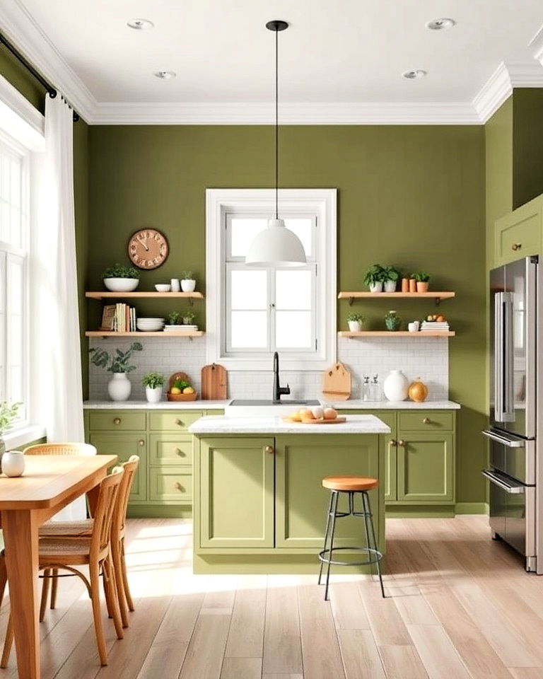 classic olive green and white kitchen contrast