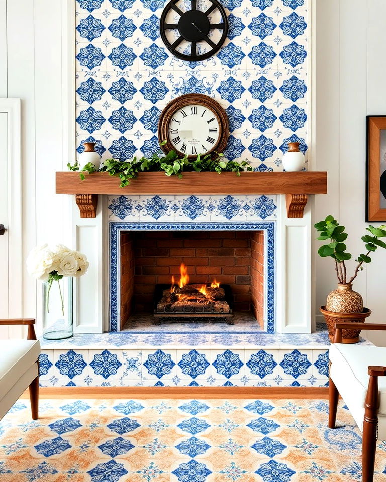 classic patterned blue and white tile fireplace