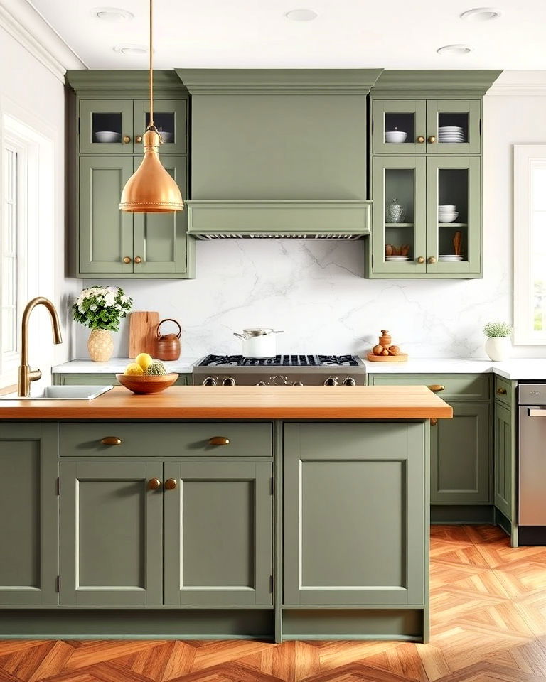 classic sage green cabinets with butcher block and marble accents