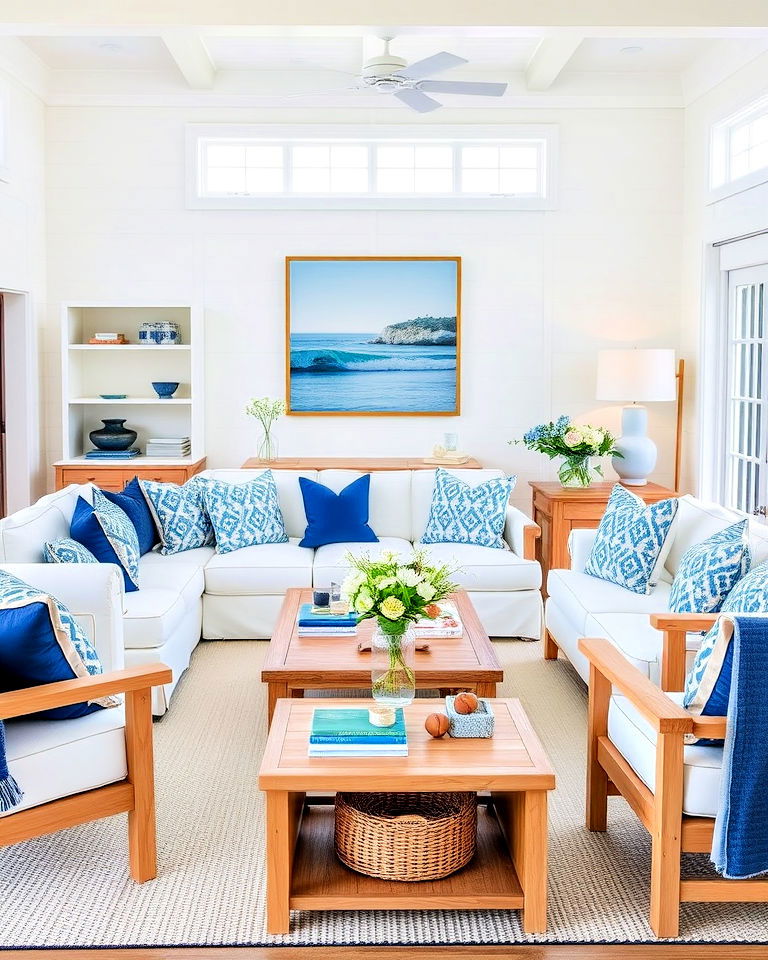 classic white and blue beach house living room