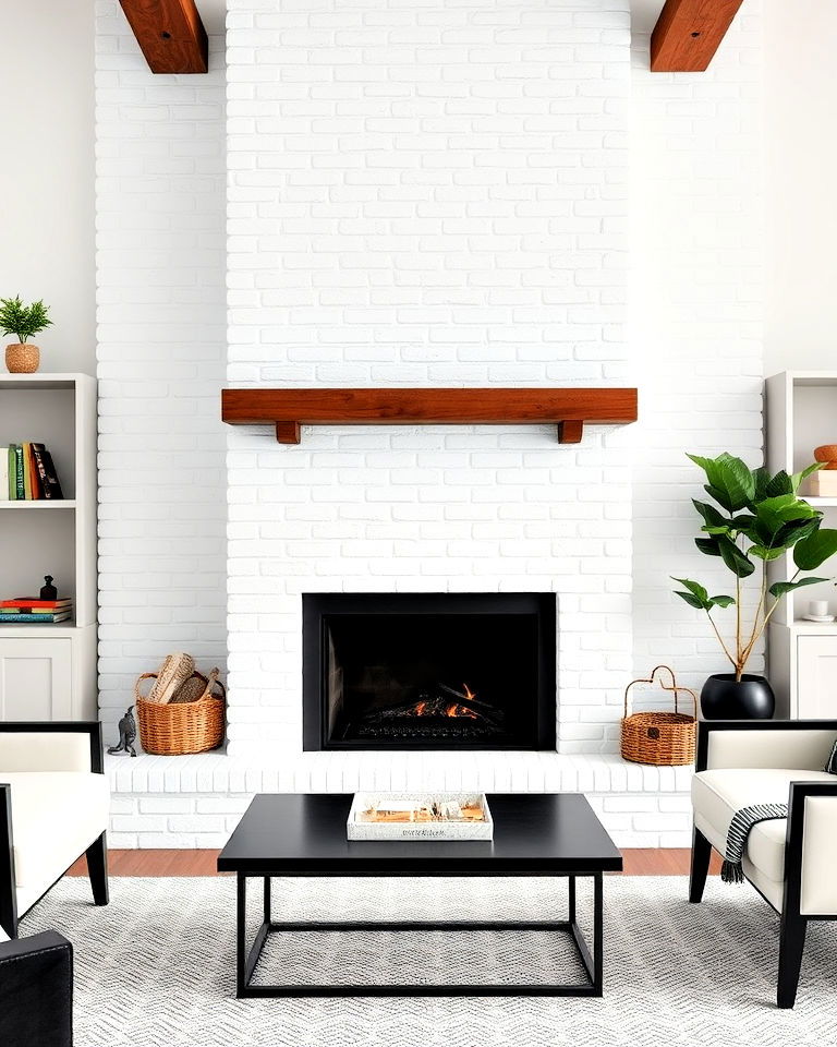 classic white brick fireplace with black grate