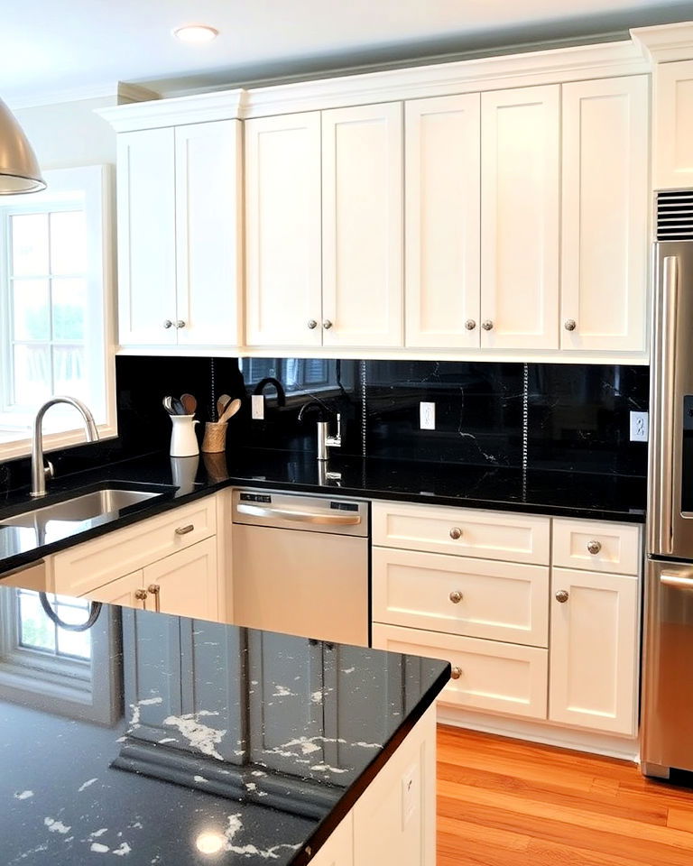 classic white cabinets with sleek black granite countertop