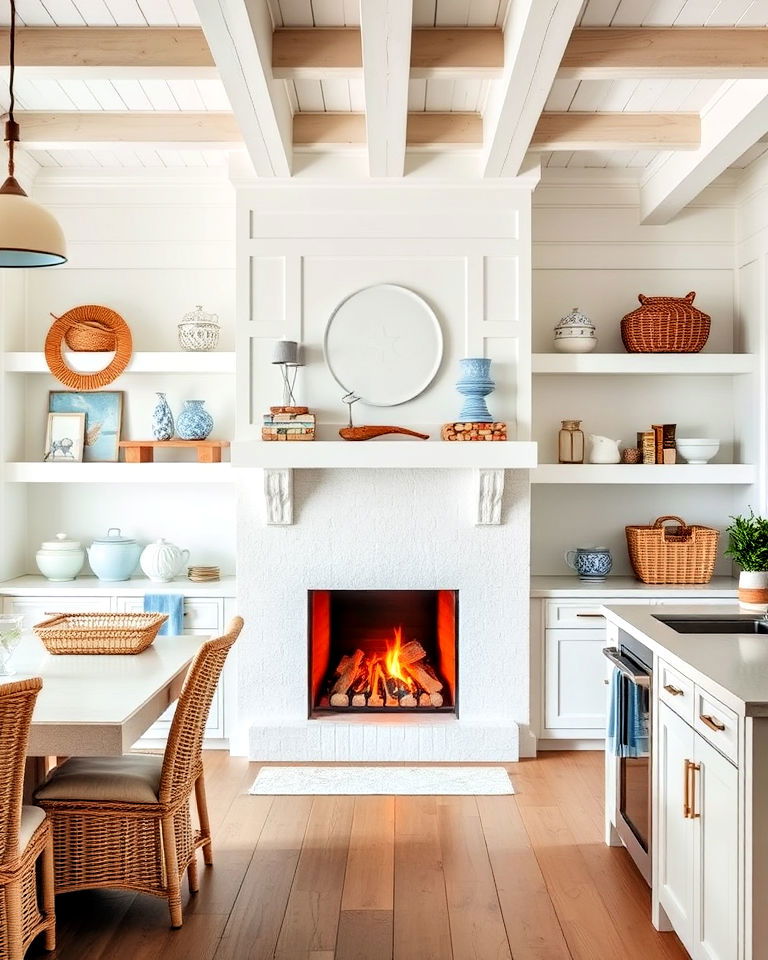 classic white fireplace in a beach inspired kitchen