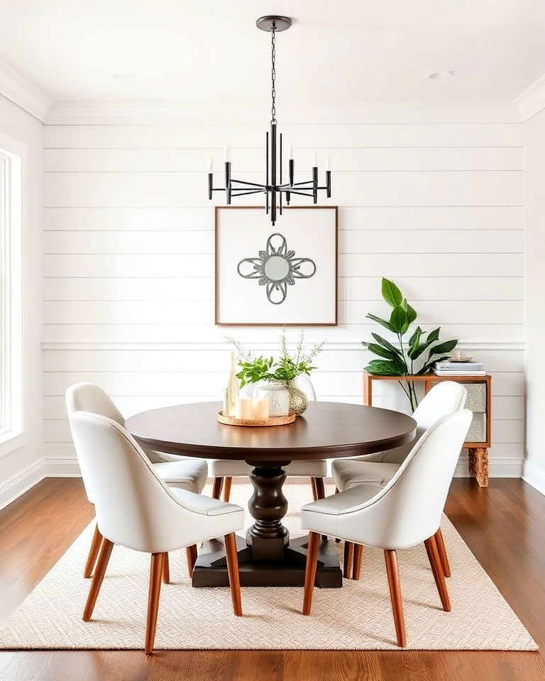 classic white shiplap for a bright dining room